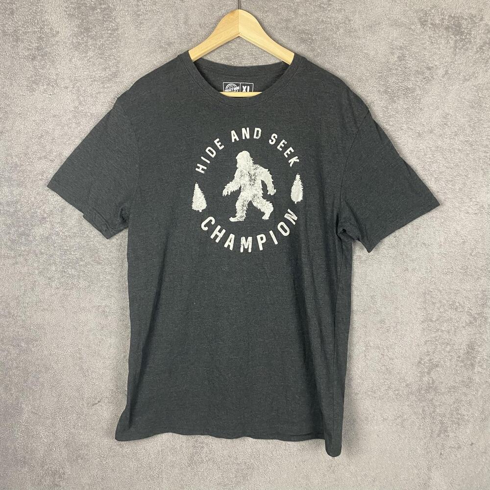 Crazy Dog Hide and Seek Champion Shirt Mens XL Gray Sasquatch Bigfoot Tee Funny
